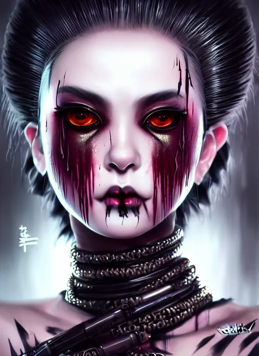 Image similar to soft lustrous ebony geisha seductive raver yakuza gothic cyborg gutter punk, urban decay, horrorcore, underworld, dark fantasy, dark art, highly detailed, digital painting, octane render, artstation, concept art, smooth, sharp focus, illustration, art by artgerm, loish, wlop