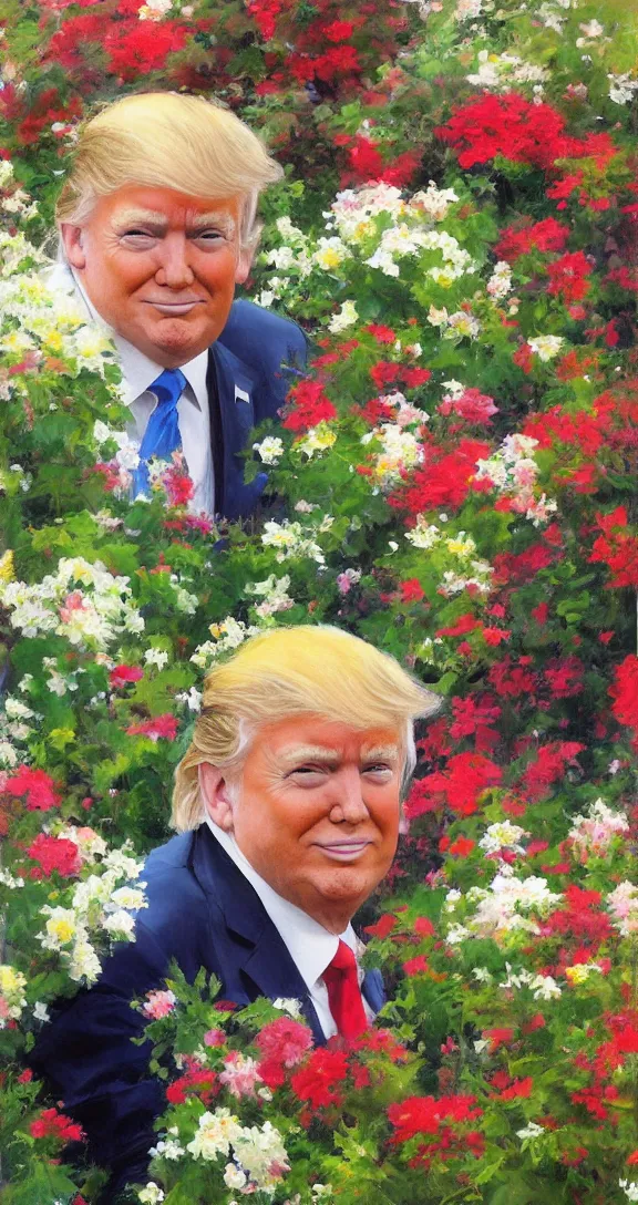 Image similar to romantic detailed portrait of donald trump surrounded by beautiful flowers, by gregory manchess, james gurney, james jean