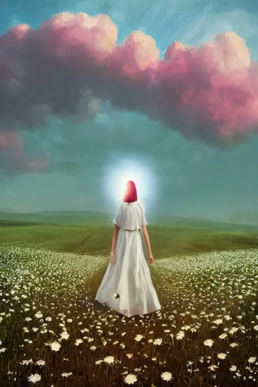 Image similar to giant white daisy flowers over face veil, girl walking in a flower field, surreal photography, sunrise, dramatic light, impressionist painting, colorful clouds, digital painting, artstation, simon stalenhag