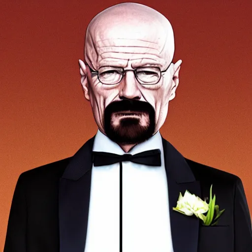 Image similar to Walter White wearing a tuxedo and top hat