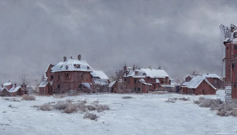 Image similar to an extremely detailed painting by cedric peyravernay of a large array of houses in a contested territory between the soviet union and america, snowy landscape, authoritarian vibes, extremely detailed, 4 k