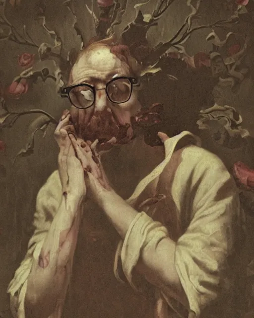 Prompt: a beautiful and eerie baroque painting of a beautiful but serious man in layers of fear, with haunted eyes and glasses, 1 9 7 0 s, seventies, floral wallpaper, wilted flowers, morning light showing injuries, delicate ex embellishments, painterly, offset printing technique