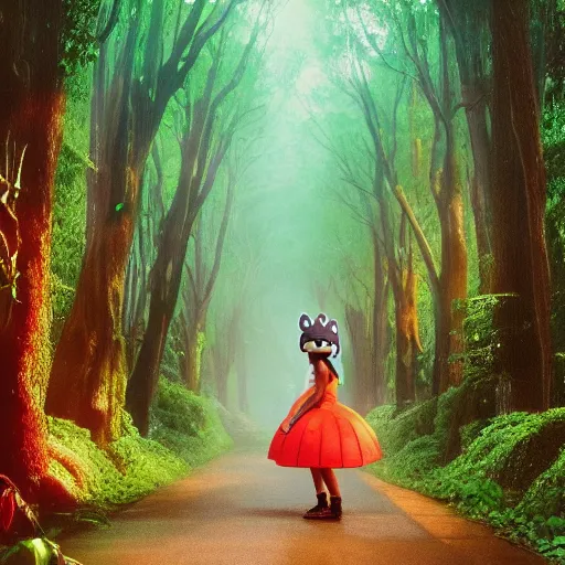 Image similar to A photo of a Ariana Grande walking through a rainbow forest in the style of the My Neighbor Totoro movie (1988)