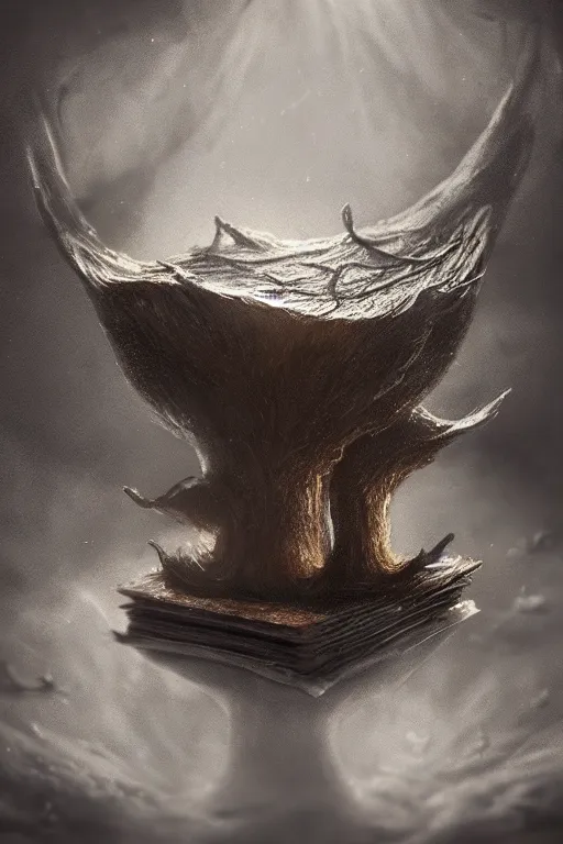 Image similar to a magic mushroom growing from an old dusty book, dramatic lighting, cinematic, establishing shot, extremely high detail, foto realistic, cinematic lighting, post processed, concept art, high details, cinematic, 8k resolution, beautiful detailed, photorealistic, digital painting, artstation, concept art, smooth, sharp focus, artstation trending, octane render, unreal engine