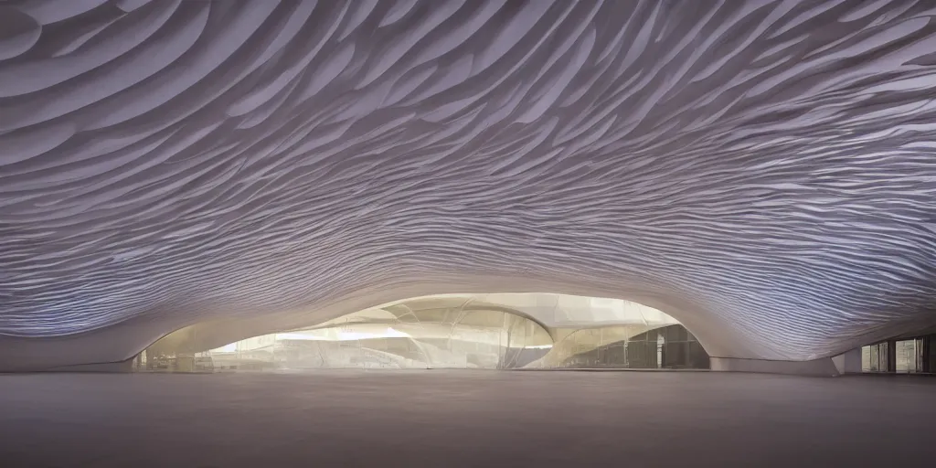 Prompt: extremely detailed awe stunning beautiful futuristic smooth curvilinear elegant museum interior by zaha hadid, translucent gills, stunning volumetric light, stainless steel, concrete, translucent material, beautiful sunset, hyper real, 8k, colorful, 3D cinematic volumetric light, atmospheric light