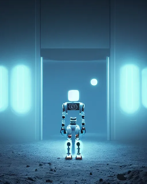 Image similar to a robot standing in front of a glowy open door that's on a barren moon, poster art by mike winkelmann, trending on cg society, space art, sci - fi, ue 5, futuristic, volumetric lighting, light casting onto the ground, neat composition and camera angle