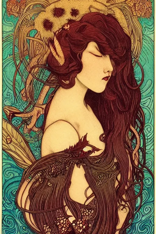 Image similar to Devil by Audrey Kawasaki in the style of Gaston Bussière, art nouveau