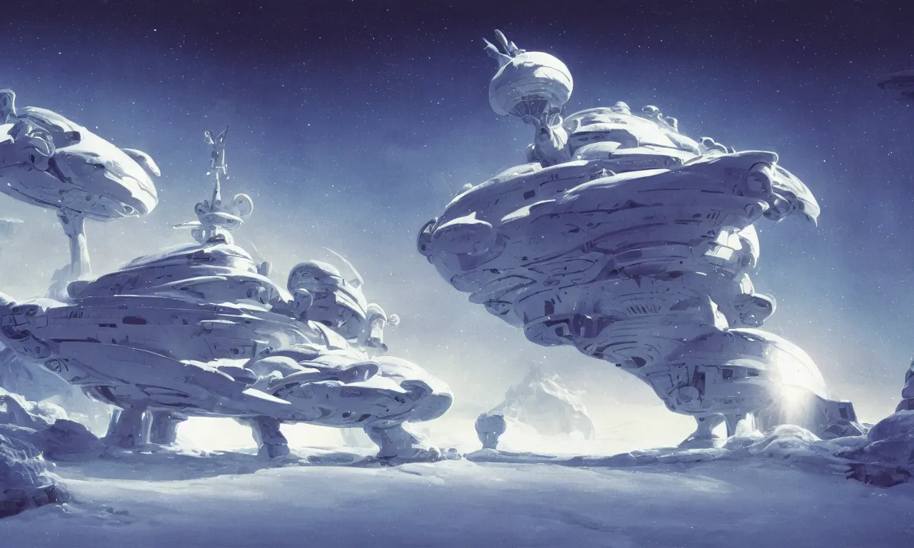 Prompt: snow alien landscape of an unexplored world, cinematic lighting, cinematic angle, Syd Mead, Federico Pelat, daylight, blue sky, spaceship in the sky