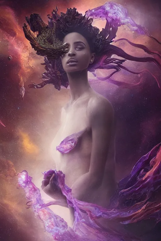 Prompt: mysterious detailed cgi matte painting of a ciara the space empress of the andromeda, by ellen jewett, alessio albi | symmetrical features, photorealism, stunning, ornate, royally decorated, organic, growth, whirling gasses, glowing particles, refractive adornments, colorful torn nebulas, radiant vibrant colors