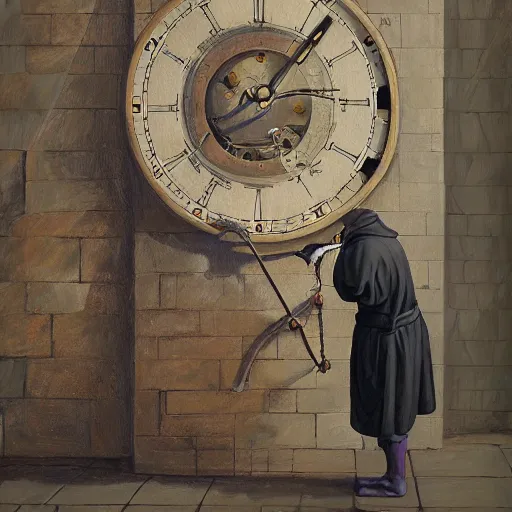 Prompt: medieval monk maintaining an enormous, complex, mechanical clock, oil painting, warm lighting, realistic, trending on artstation