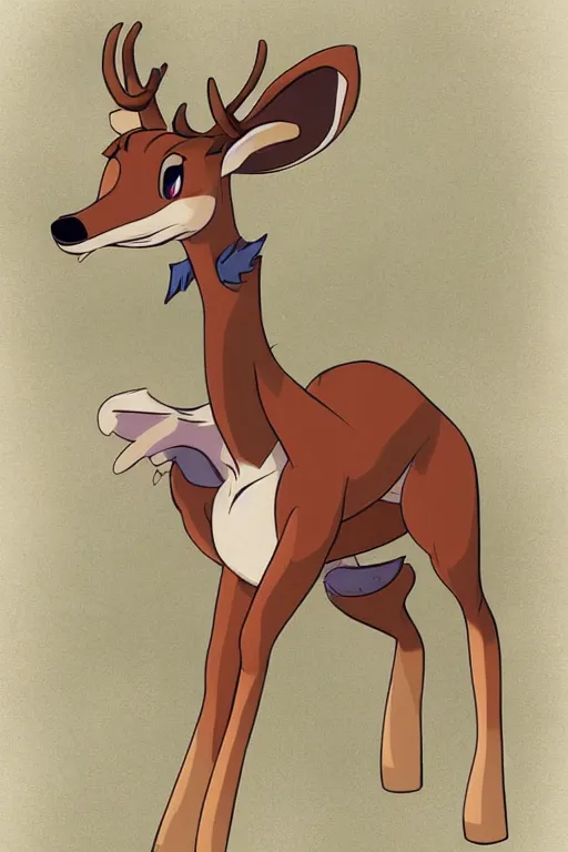 Image similar to an anthropomorphic deer, fursona!!! by don bluth, by kawacy, trending on artstation, full body