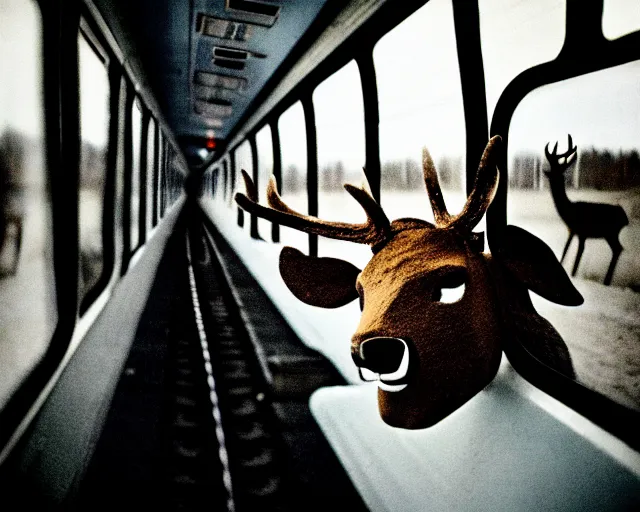 Image similar to a lomography photo of rumble between two human with deer head in soviet train this morning, bokeh,