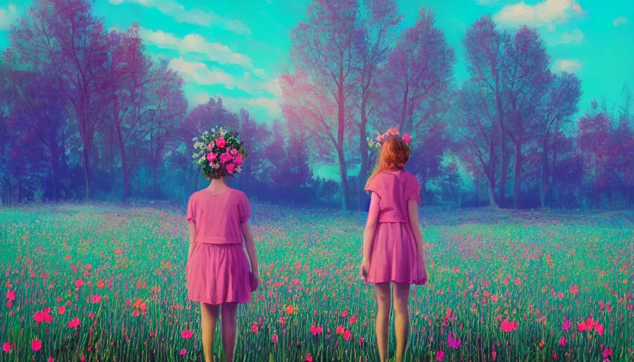 Image similar to girl with a flower face, surreal photography, dream, standing in flower field, hills, big trees, sunrise dramatic light, impressionist painting, colorful clouds, digital painting, pointillism, artstation, simon stalenhag, flower face