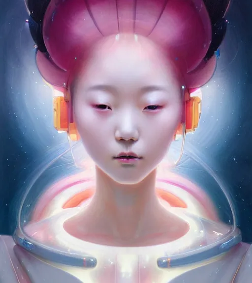 Prompt: close-up of a Japanese teen beautiful celestial Goddess wearing a futuristic lush spacesuit exposed in cryo chambers by James Jean, captivating, seductive facial look, intricate, majestic, chic, elegant, highly detailed, centered, digital painting, high-end pink light, artstation, concept art, smooth, sharp focus, illustration, by Peter Mohrbacher, WLOP