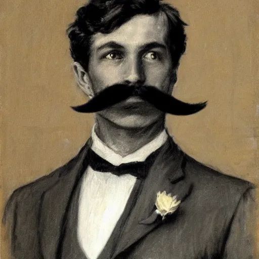 Image similar to action hero, suit, bow tie, mustache, by alfred stevens in charcoal