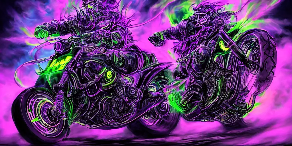 Image similar to psychedelic blacklight neon airbrush artwork, motorcycle, hyper stylized action shot of an orc popping a wheelie on a motorcycle, menacing orc, clear focused details, soft airbrushed artwork, black background, apocalyptic, cgsociety, artstation, peter lloyd art, peter palombi art