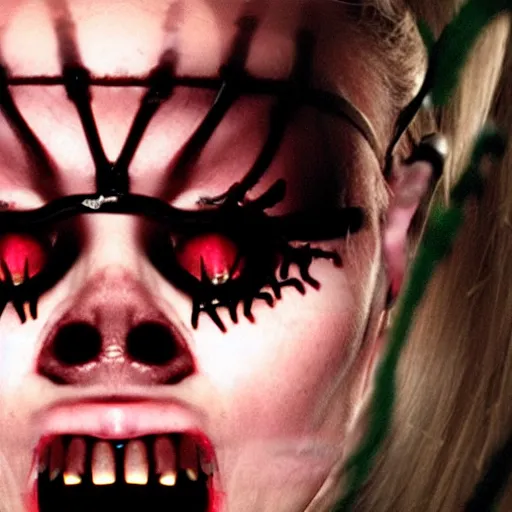 Image similar to grotesque cybernetic female human-beast, with sharp teeth, horror scifi film
