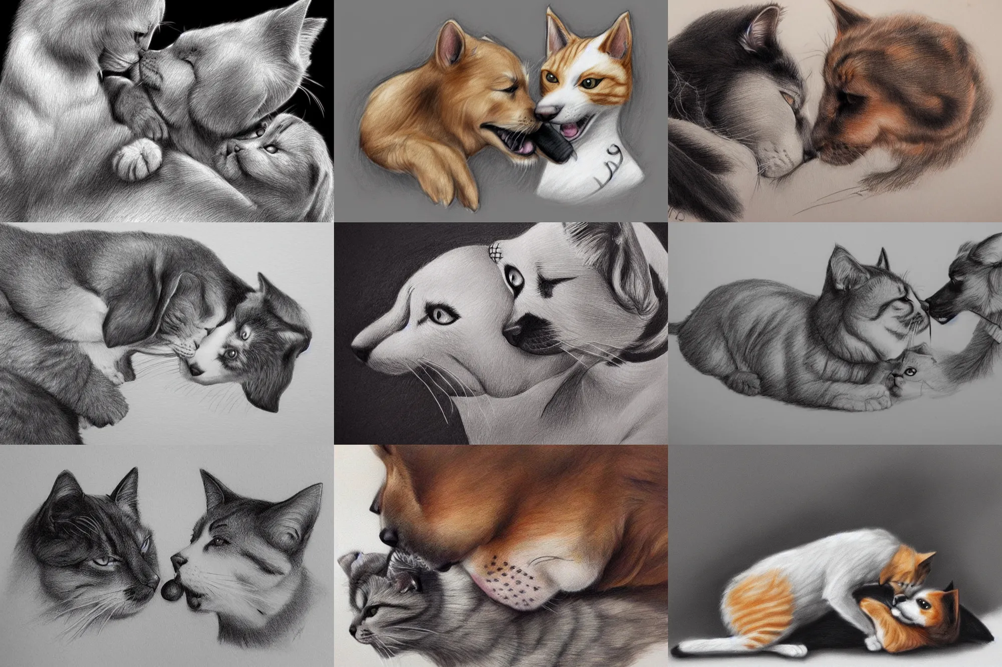 Prompt: cat and dog licking each other, cute drawing, concept art, trending on Artstation, realistic, very beautiful fur, perfect animal