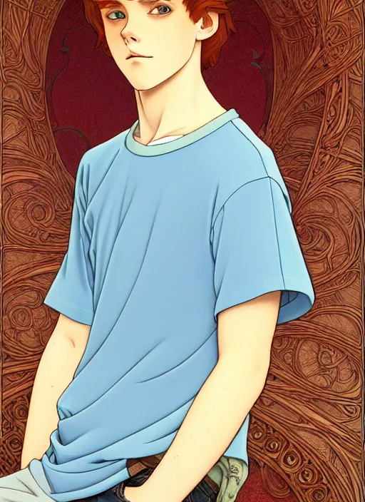 Prompt: art nouveau portrait of a teen boy with completely straight auburn hair, light blue eyes, pale skin, freckles, sad expression, t - shirt, modern casual clothing, natural lighting, path traced, highly detailed, high quality, cartoon, digital painting, by don bluth and ross tran and studio ghibli and alphonse mucha