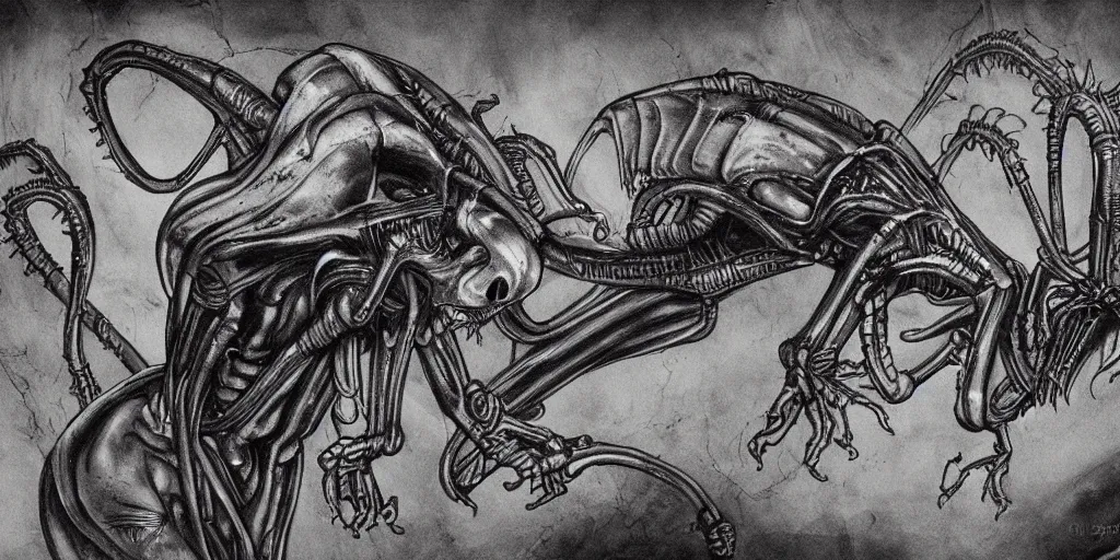 Image similar to alien xenomorph in the style of HR Giger, cave painting, movie scene