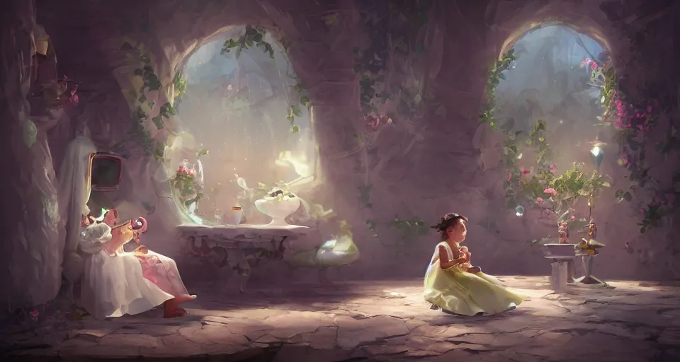 Image similar to a child girl in a white dress drinking tea in a room constructed out of warping tea cups by peter mohrbacher, vivid colors, matte painting, 8K, concept art, mystical color scheme, trending on artstation