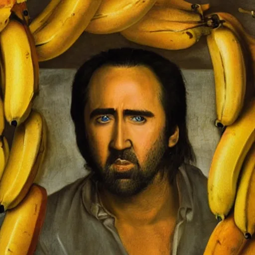 Prompt: highly detailed portrait of nicolas cage without a shirt laying down inside of a banana, 4 k, in the style of caravaggio, monet, botticelli and dali
