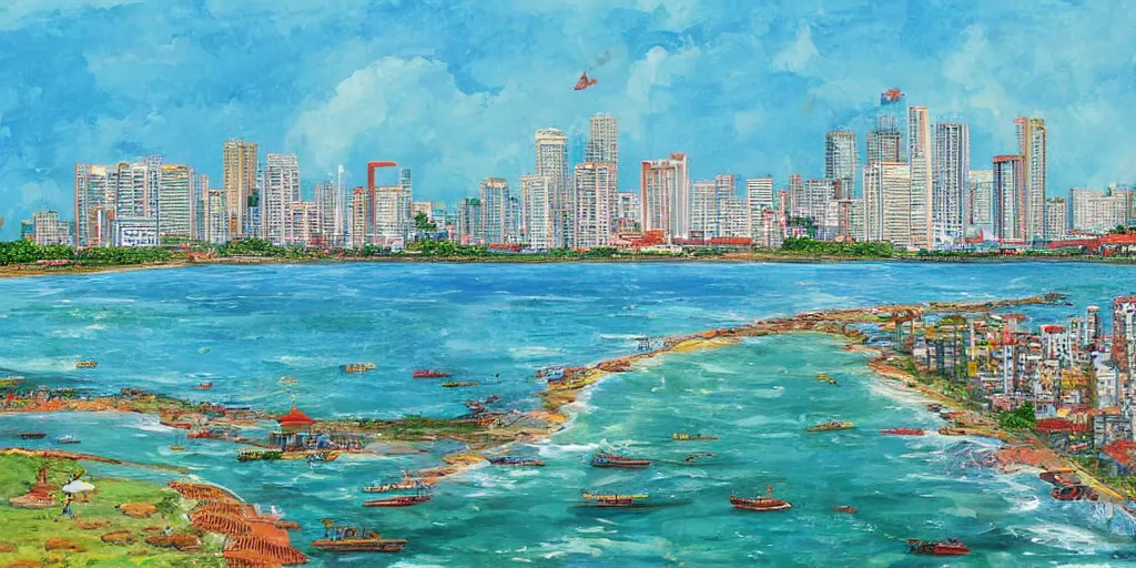 Image similar to colombo sri lanka cityscape, ocean, art by Hayao Miyazaki