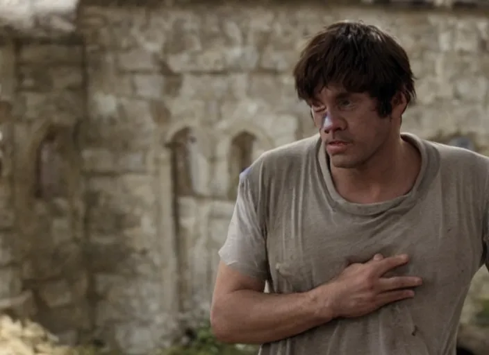 Prompt: scene from a 2 0 1 0 film set in 1 4 5 0 showing a man wearing a t - shirt