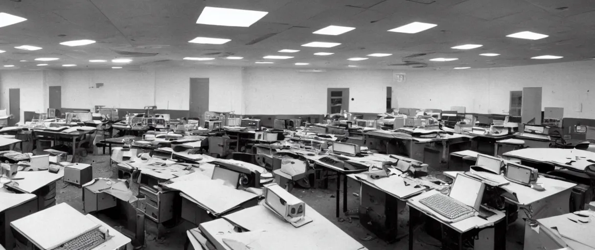 Image similar to movie still 4 k uhd 3 5 mm film color photograph of an abandoned computer laboratory full of cold war era computers