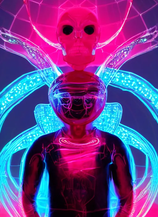 Image similar to photo of fullbodied baroque and cyberpunk and tron delicate neon diamond sculpture of seductive bright albino marble prince tyson ballou dotado mint iridescent humanoid deity wearing red plastic hoody holding molten skull in a laser alien dungeon, reclining, glowing magenta face, crown of white diamonds, cinematic lighting, photorealistic, octane render 8 k depth of field 3 d