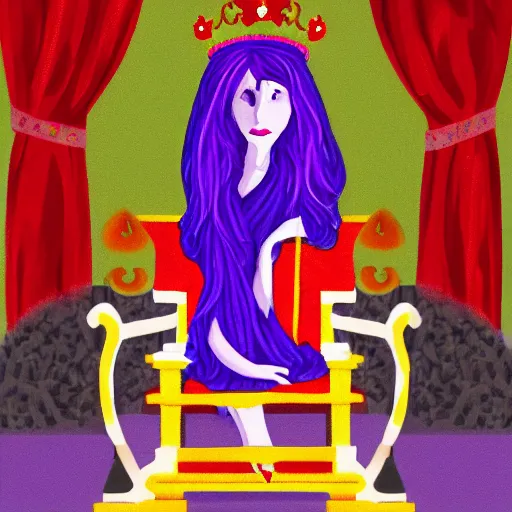 Prompt: A skinny woman with purple hair wearing a crown, sitting in a red throne in a dark room. Digital painting.