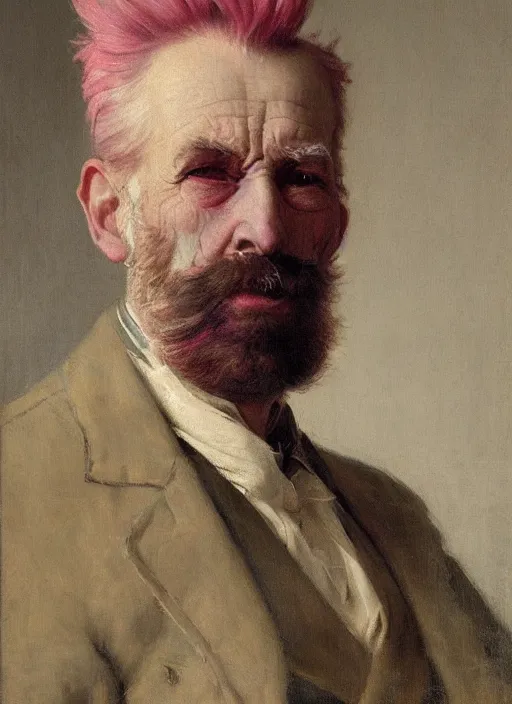 Prompt: a portrait of old man with a detailed pink mohawk by edouard bisson, punk rock, oil painting, muted colours, soft lighting