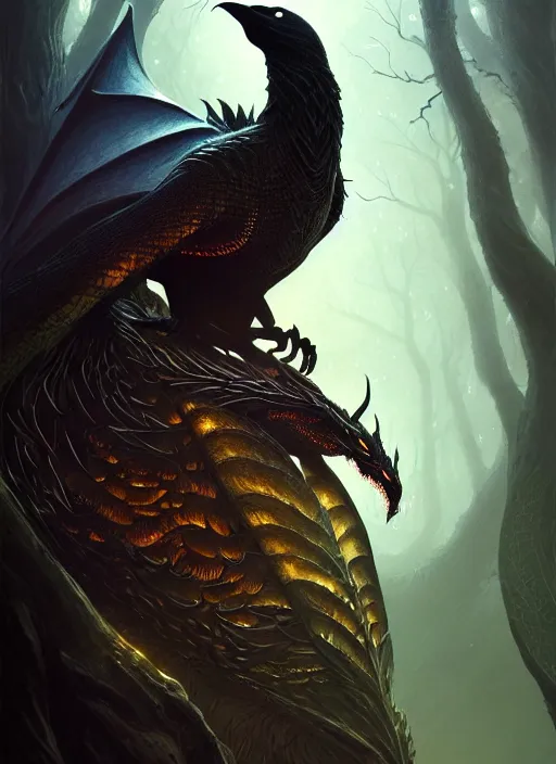 Image similar to book cover, award winning, dark crow, fantasy forest landscape, dragon scales, fantasy magic, dark golden light night, intricate, elegant, sharp focus, illustration, highly detailed, digital painting, concept art, matte, art by WLOP and Artgerm and Greg Rutkowski, masterpiece