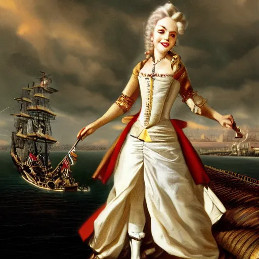 Prompt: a fierce, smiling, beautiful, friendly, calm, blonde, well - dressed, steampunk, covered, armed, pirate captain, standing on the deck of her ship gazing at the horizon in 1 7 3 0, detailed, realistic