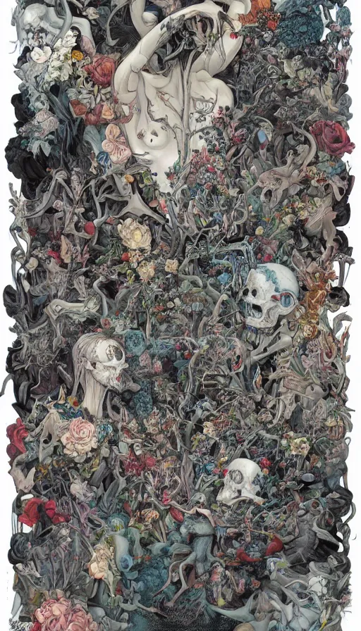 Prompt: life and death mixing together, by james jean,