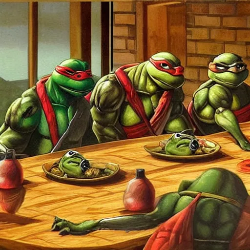 Image similar to teenage mutant ninja turtles are sitting at the table. da vinci. secret supper. coca - cola on the table. pizza on the table. realistic oil painting on canvas. great rendering