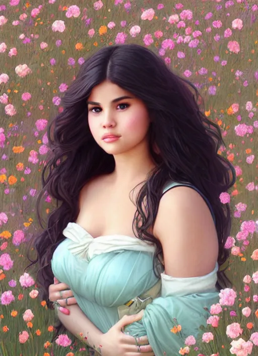 Prompt: beautiful thirty year old woman with long black hair, tan skin, curvy hourglass figure, round cute face, slight resemblance to selena gomez wearing a modest colorfu ldisney princess gown in a field of flowers. beautiful painting by artgerm and greg rutkowski lois van baarle and bouguereau