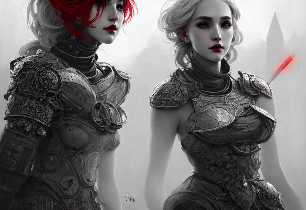 Image similar to portrait grey hair knights of zodiac girl + smoky eyes, matt black / little red color armor in ruined agora of athens, ssci - fi and fantasy, intricate and beautiful and elegant, highly detailed, digital painting, artstation, concept art, smooth and sharp focus, illustration, art by tian zi and wlop and alphonse mucha