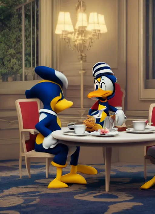 Image similar to jodie march and donald duck having tea at the ritz, octane render, cinematic, elegant, intricate, 8 k