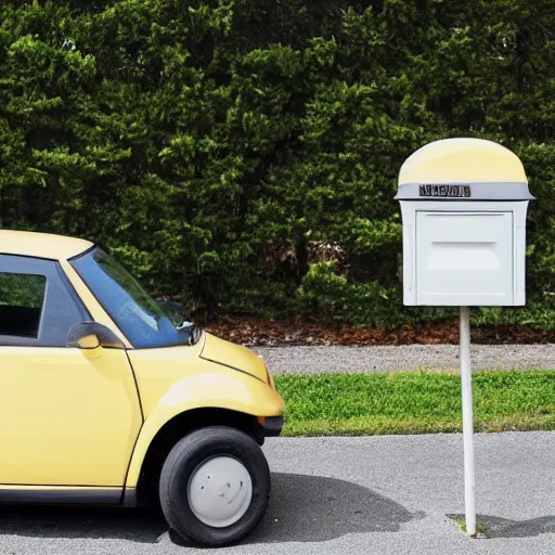 Image similar to a ((tiny)) car next to a mailbox