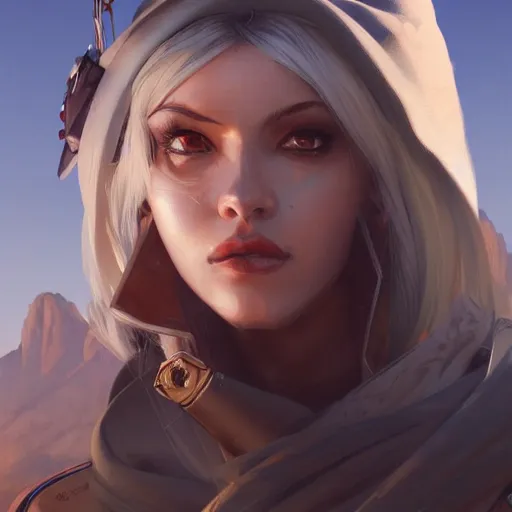 Image similar to very detailed masterpiece painting of ashe from overwatch in a desert, closeup, portrait, artstation, concept art by greg rutkowski