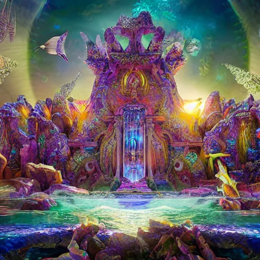 Image similar to unreal engine, octane render, intricate detail, maximalist, gilbert williams portrait of a crystal temple in atlantis, iridescent dolphins swimming in the sea, unicorn flying in the sky, paleozoic atlantis