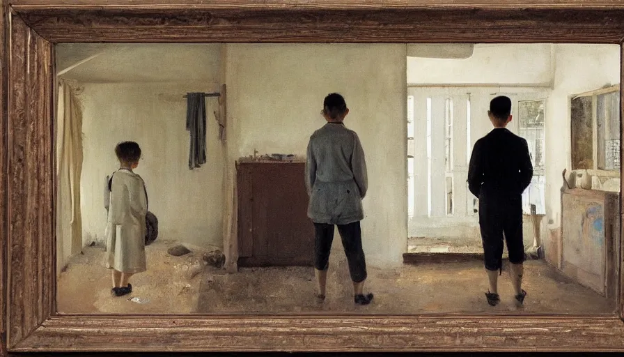 Prompt: painting by borremans, man back standing in front on the mirror and his back in the mirror with small village house and tiny modern car, detailed, stunning