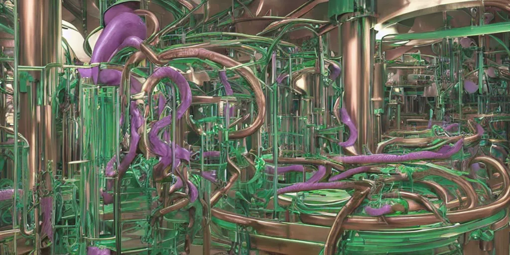 Image similar to machine apparatus for making snake oil, huge copper machine fed by a hopper of purple snakes, green pipework, art by glenn fabry and wayne barlowe, barrels of snake oil in a hermetically sealed production line, artificial lighting, film still from the family medicine depot movie 3 d, 8 k