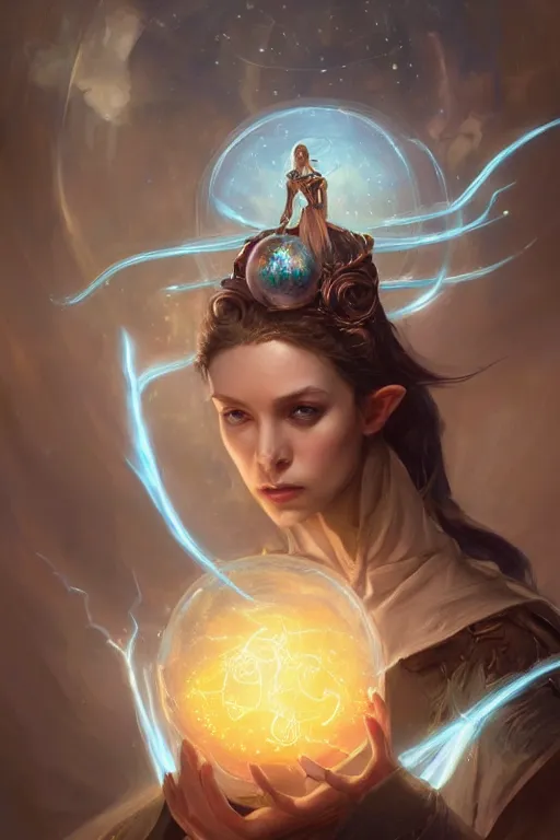 Prompt: portrait of a beautiful elf casting magic spell throwing magic crystal ball, angel, fantasy, dramatic lighting, highly detailed, digital painting, holding electricity, magic the gathering, hyper detailed, 3 d render, hyper realistic detailed portrait, peter mohrbacher, wlop, ruan jia