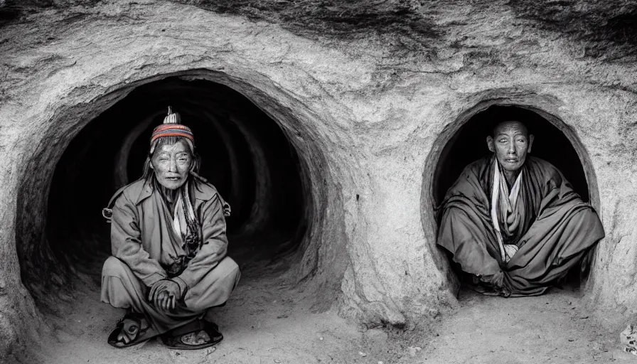 Image similar to a tibetan man in a flesh barque in a tiny tunnel, leica sl 2