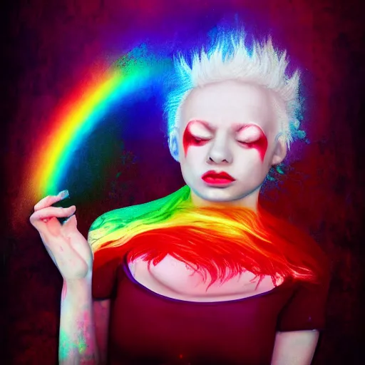 Prompt: beautiful albino woman vomiting rainbows, unral engine octane, colorful, darkart