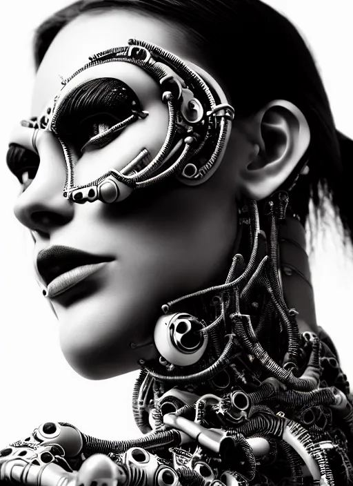 Image similar to a stunning young female cyborg profile face, face is made intricate tribal bio - mechanical, editorial photography, bw, shot on 7 0 mm, depth of field, f / 2. 8, high contrast, 1 6 k, rays of shimmering light, volumetric lighting, shiny, insanely detailed and intricate, hypermaximalist, elegant, ornate, hyper realistic, super detailed