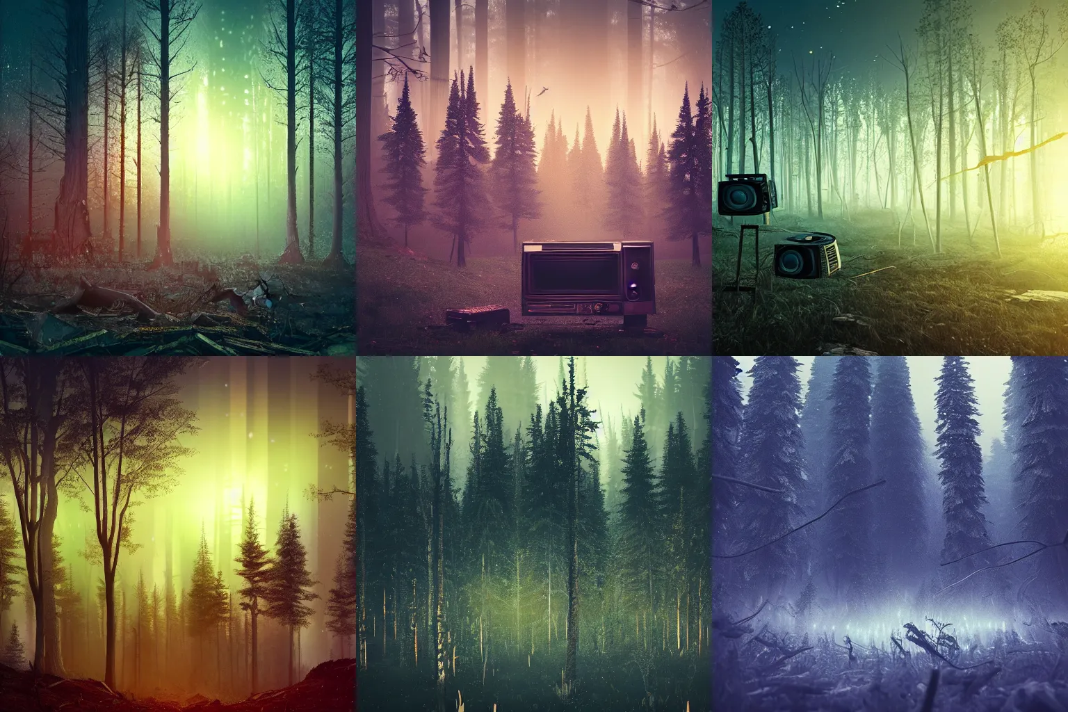 Prompt: beautiful dark forest landscape, pile of old broken televisions, in the style of beeple and Mike Winkelmann, intricate, epic lighting, cinematic composition, hyper realistic, 8k resolution,