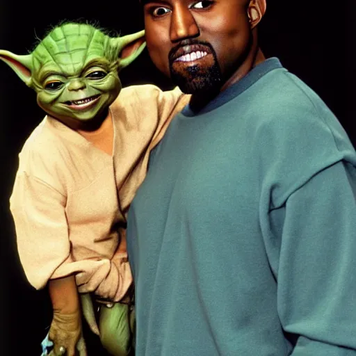 Image similar to kanye west smiling and holding yoda for a 1 9 9 0 s sitcom tv show, studio photograph, portrait